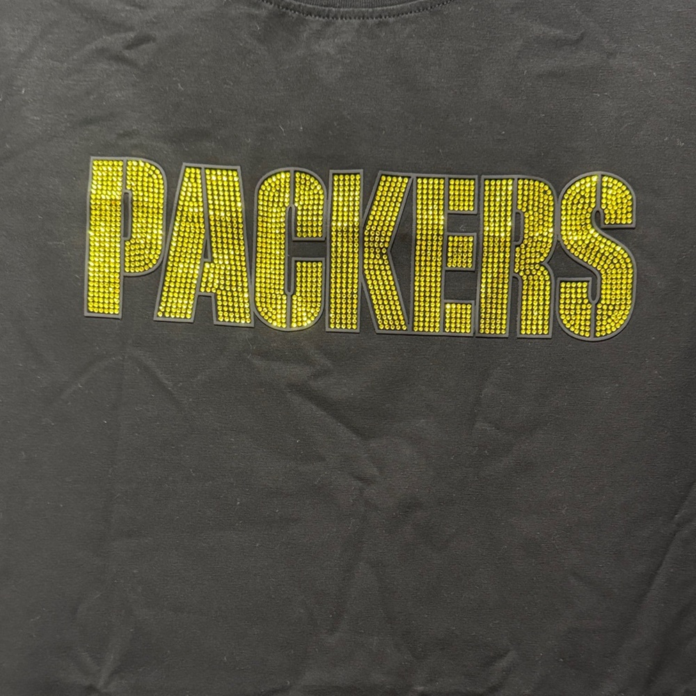 Women's Black Short Sleeve Tee with Yellow Rhinestone Packers Logo